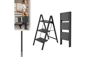 ‎LARS360 LARS360 Trittleiter 3 Stufen Klappbar, Leiter aus Stahl, rutschfeste Gummimatten, Verbreiterte Stufen, Belastbar bis 250KG, Für Haushalt, Büro, Garage, Schwarz