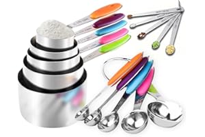 CLVEDU Stainless Steel Measuring Cups and Spoons Set of 15, Include 5 Measuring Cups, 5 Measuring Spoons and 5 Tiny Spoons, Nesting Metal Measuring Cups Set with Colored Silicone Handles for Cooking & Baking