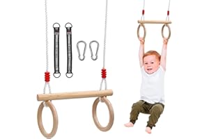 CUPCHID Balancoire Exterieur,Balançoire en Bois,Anneaux de Gymnastique en Bois,équipement de Gymnastique intérieure et extérieure pour Enfants,capacité de Charge maximale 50 kg