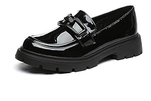 Vera Creation Damen klobig Plattform Loafers mit Kette oder Schnalle Lackleder Casual Business Schuhe Komfort Slip-on