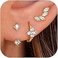 JeweBella 3 Pairs 925 Sterling Silver Earrings for Women 14K Gold Stud Huggie Small Hoop Earrings Zirconia Dainty Gold Earrings Stacks Hypoallergenic Cartilage Earrings Set for Multiple Piercings