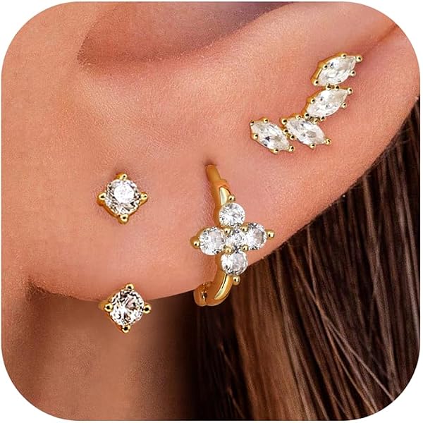 Boucles D'Oreilles Créoles Acier Inoxydable Femme – Or/Argent Hypoallergéniques Avec Zircon, Petites Pendantes Élégantes