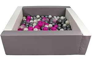 Velinda Piscine à balles carrée avec 200 balles, Cuir écologique, 5 éléments (Couleur de la Piscine/de balles: Blanc, Gris/Perle, Transparent, Rose, Argent)