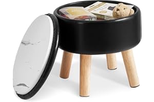IBUYKE 13” Piccolo Poggiapiedi Ottomano con Contenitore, Pouf Poggiapiedi Rotondo con Sedile Imbottito e Coperchio, Poggiapiedi Mini in Pelle PU per Ingresso Divano Soggiorno, Nero WBD023B