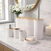 6 Par&ccedil;a Banyo Seti, Bambu Detaylı, 8L &Ccedil;&ouml;p Kovası 24x26x16 cm (Beyaz)
