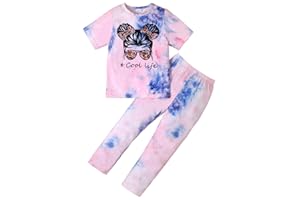 KONFEN Conjunto Ropa Niña 2 Piezas, Tie-dye Hip Hop Top Manga Corta + Pantalones, Top e Pantalones Jogger Deportivo Ropa Street Dance Verano Otoño para Niña 6 a 11 Años, Negro/Morado/Rosa y Azul