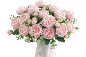 AUMAYCO 4 Bunches Pfingstrose künstliche Blumen, Künstliche Rosen Bouquet, Lebensechte Seide Pfingstrose Sträuße für Home Décor, Faux Seide Rosen Blumenarrangement für Party Zentrum Stück, Hellrosa