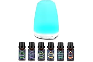 GMSYSW Diffusore di Oli Essenziali 200ml,Diffusore, Diffusore Ambiente,Diffusore di Aromi con 6x10ml Oli Essenziali, Viene Fornito con 7 Colori LED, Timer e Funzione di Spegnimento Automatico