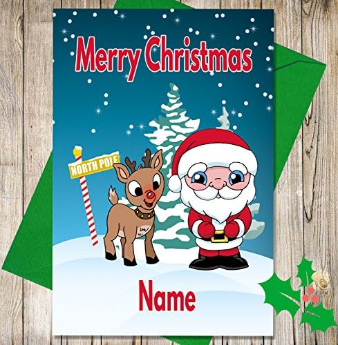 AK Giftshop Personalised Children's Christmas Card - Santa & Reindeer - Any NAME