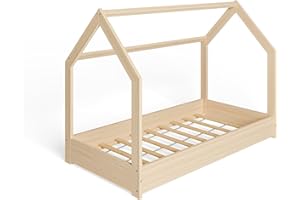 MS FACTORY Letto Casetta in Legno Massello 80x160 cm con Telaio a Doghe - Letto per Bambini Singolo - Stile Scandinavo Nordico Montessori - Naturale