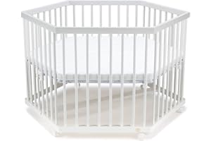 FabiMax Baby Laufgitter 6-eck Weiß lackiert, stufenlos höhenverstellbar, mit Schlupfsprossen, Laufstall aus massivem Buchenholz (Matratze Classic)