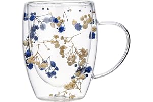 Genikeer Taza De Vidrio Transparente, Taza De Vidrio De Doble Pared con Flores Secas 350ml, Taza De Café Doble Cristal, Vasos Térmicos De De Doble Pared para Cafe Té Capuchino Jugo Espresso Latte