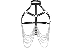 Flovel Cadena de cuerpo punk de cuero negro cadenas de pecho cinturón rave arnés en capas joyería corporal para mujeres y niñas, Negro, talla única