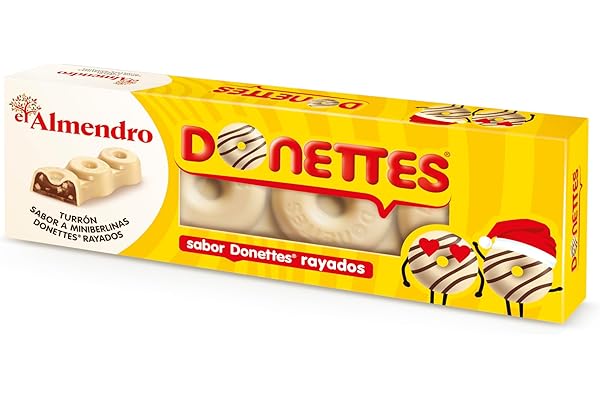 El Almendro, Donettes Rayados, Turrón Praliné de Chocolate con Relleno Cremoso de Trocitos de Bizcocho, Sabor Donettes Rayados, Ideal para Cesta Navidad, Made in Spain, 150 Gramos