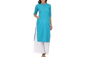 Ladyline Damen Tunika aus reiner Baumwolle, einfarbig, 3/4-Ärmel, aufrollbar, Knopfausschnitt mit Tasche, lang, Kurti Kurta