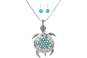 YAZILIND Argent Plaque Tortue Fleur Ronde Turquoise Blue Crystal Boucles d'oreille Pendantes Ensemble Collier