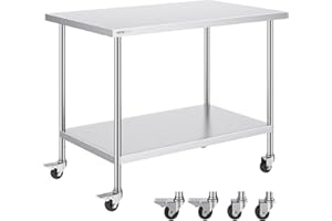 VEVOR Stainless Steel Work Table 30 x 48 x 38 Inch, with 4 Wheels, 3 Adjustable Height Levels, Heavy Duty Food Prep Worktable for Commercial Kitchen Restaurant, Silver