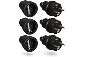 HEITECH PROMOTION GMBH HEITECH 3x Fiche mâle et 3x prise femelle électrique en caoutchouc - Jeu de fiches mâle et femelle avec protection anti courbures, noir, 250V, 16A, IP20 usage intérieur - Fiche electrique