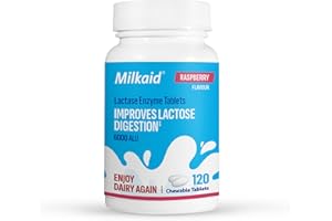 Milkaid Lactase Enzyme Chewable Tablets for Lactose Intolerance Relief, Prevents Gas, Bloating & Diarrhoea, Gluten Free & Vegan, Rasberry, 120 Count