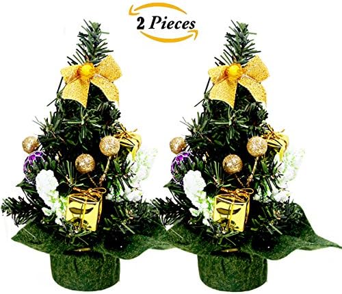 Mini Christmas Tree: 2 Pieces 8" Tall Decorated Artificial Christmas Pine Tree ornament Tree for Office Table Home Desk Tops (Gold with Flower)