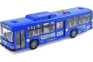 Cemirk Giocattolo a forma di autobus per bambini e bambine dai 1 anni in su, con luci e suoni, pneumatici realistici, porte funzionali simulate, movimento ad attrito, blu