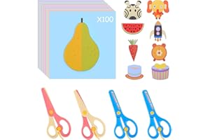 UCEC 104 Pcs Kids Safety Scissors Set - 4 Childrens Scissors for Crafting & 100 Colorful Kids Paper Cut-Outs, Preschool Training Scissor for Toddlers Ages 3-5, Art Supplies for Children