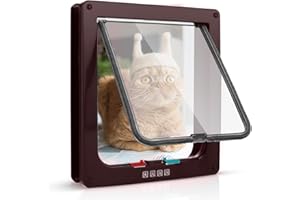 Sailnovo Puerta de Gato (tamaño Exterior 19 x 20 x 5,5 cm), Puerta para Gatos con 4 bloqueos para Puertas Interiores y Exteriores, Resistente a la Intemperie, para Gatos y Perros, Color marrón