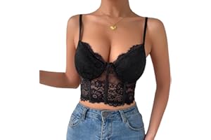 Rongseng Camiseta sin Mangas para Mujer Top Sexy de Encaje Crop Top Cuello en V Camisetas Tirantes Ajustables sin Vientre Verano Camisola Sujetador de Encaje Floral