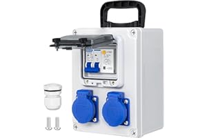 CHENGPI Distribuidor de Corriente con Interruptor FI 1P + N 16A, Caja Enchufes Pared con 2 Enchufes Schuko de AC 250V/16a, Caja de Distribución Portátil de Superficie para Construcción