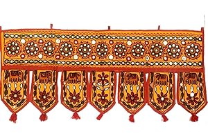 Original Kikan Tapiz de algodón hecho a mano con diseño de elefante, para colgar en la pared, decoración étnica Toran, cenefa de ventana india (37 x 14 pulgadas) (amarillo)
