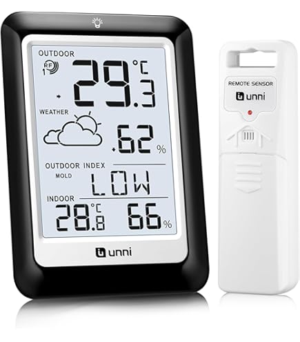 BALDR Draadloos weerstation met buitensensor, digitale DCF-radioklok, thermometer, binnen/buiten, temperatuurweergave, kamerthermometer, hygrometer, weersvoorspelling, tijdweergave, wekker, 3,7 inch