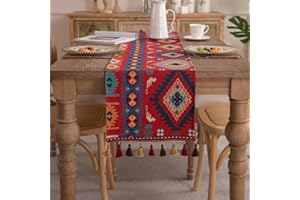 Clothfuna Geometric Jacquard Table Runner, Vintage Boho Table Runner, Red and Blue Cotton Blend Table Runner with Tassels for Dining Table Party Holiday Outdoor, 33x140 cm/ 13x55 inch