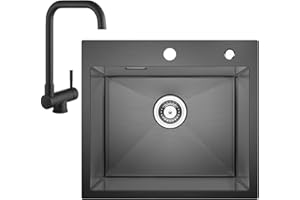 CECIPA 50x45cm Lavello Cucina Nero Grigio con Rubinetto Pieghevole Nero