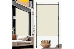 Hebitod Klemmmarkise Senkrechtmarkise,Außen Balkonrollo 1.5 m x 2.7m, Sonnenschutz Vertikalmarkise mit Beschichtung, Sichtschutz Fensterrollos Beige