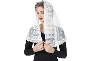 BEAUTELICATE Velo Iglesia con Encaje Mantilla Mujer Bordado Chal Bufanda para Capilla Católica Misa Latin Ceremonia Comunión Negro Blanco