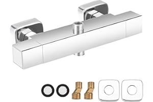 TOPEV Square Thermostatic Shower Mixer Bar, Thermostatic Dual Shower Valve, Top Outlet 3/4" G and Bottom Outlet 1/2" G, Wall Mounted Brass Temperature Control Valve Two Outlet, with Pipe Adaptor