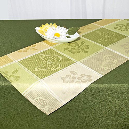 Zauberhafter Tischläufer "BLUMEN UND SCHMETTERLINGE" in lindgrün / grün / beige - wundervolles Jacquardgewebe mit eingewebten Karos - Läufer 40x140 cm - Markenqualität - stilvoll und elegant - mit LOTUS - EFFEKT - FLECKSCHUTZ - Flüssigkeiten perlen einfach ab - geprüft nach Öko - Tex Standard 100 - im gleichen Design sind Mitteldecken und Kissenbezüge erhältlich
