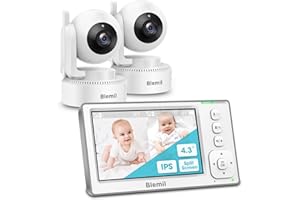 Blemil Upgrade Baby Monitor with 29-Hour Battery, 4.3'' IPS Split-screen Video Baby Monitor with two Cameras and Audio, Remote Pan/Tilt/Zoom, Two-Way Talk, Room Temperature, No WiFi, 2X Zoom