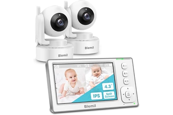 Moniteur de bébé amélioré avec batterie de 29 heures, moniteur vidéo IPS de 4,3 pouces avec deux caméras et audio, panoramique/inclinaison/zoom à distance, conversation bidirectionnelle, température