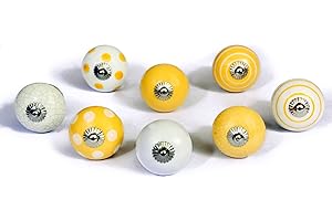 NACNIC Set di 8 pomelli in ceramica di colore bianco e giallo, dipinti a mano con diversi disegni. Maniglie artigianali per armadi, cassetti, cassettiere e appendiabiti. Pomelli classici da 40 mm di diametro