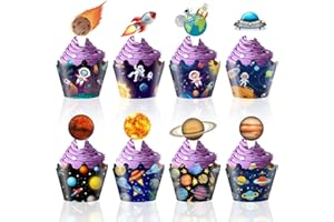 GELUODE 48 adornos y envoltorios para cupcakes espaciales, decoraciones de fiesta espacial, astronautas, cohetes, satélites, sondas, planetas, patrón, galaxia, espacial, decoración de pasteles, suministros