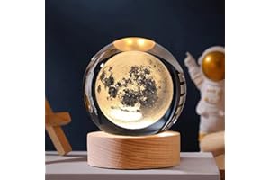 FAHOI 3D Planet Crystal Ball Night Light,Moon Crystal Ball with Wooden Base,Crystal LED Night Light,3D Engraved Solar System Planets Crystal Ball with LED Light Base,Home Decoration