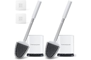 Fowooyeen Escobillas de Baño, Escobilla WC Silicona, Cepillo Toilet Plana con Mango de Acero Inoxidable, Cepillo de Limpieza WC de Pie/Montado en la Pared, con Secado Rápido, Blanco, 2 Piezas