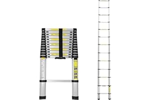 Cecaylie Échelle télescopique de 3,8 m - en Aluminium - Extensible - avec Pieds antidérapants - Multifonction - pour Grenier - Portable - Légère - Charge maximale : 150 kg