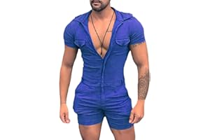 HONGBI Herren Sommer Kurze Jumpsuit Einfarbig Spielanzug Männer Playsuit Hosenanzug Casual Strampler Einteiler Reißverschluss Sportbekleidung Jogginganzug Kurze Hose Kurzarm Overall Onesie mit Taschen