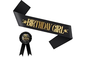 YOOLLY Birthday Girl Sash and Badge, Birthday Sash Party Favour Birthday Accessories with Birthday Badge for Women Girls - Black
