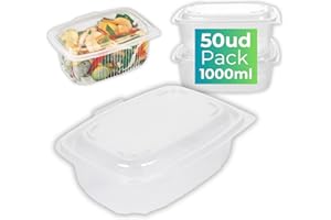 IAMI Pack 50 Fiambreras Reutilizables con Tapa Bisagra – Polipropileno (PP) – Aptas para Microondas y Lavavajillas – 1000 ml – Uso Alimentario Seguro – Envases Resistentes y Duraderos