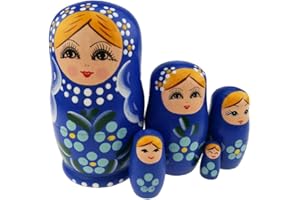 Winterworm Lot de 5 poupées Babushka en bois pour fille blonde - Poupée russe gigogne - Cadeau pour enfants - Bleu