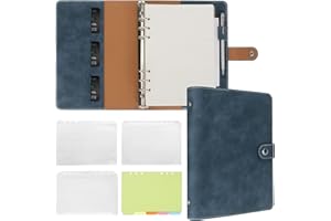 Fyy Leather A5 Ring Binder Notebook, 6 Ring A5 Binder with A5 Refill Papers, Binder Pockets and Subject Dividers Paper Sheet, Travel Binder Journal Personal Planner with Ring Binder Navy Blue