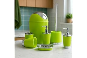 FINGEY Bathlux Modern Design 6 Piece Bathroom Accessory Set, Toilet Brush, Waste Bin, Soap Dish, Tooth Brush Holder Soap Dispenser, Rinse Cup (Green)